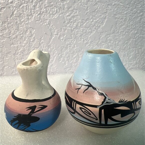 Native American Navajo Pottery Set Of 2 Vases Western Designs by Hathale & Dine - Picture 1 of 6